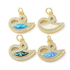 Mixed Color Brass Micro Pave Clear Cubic Zirconia Pendants, with Synthetic Opal, with Jump Ring, Real 18K Gold Plated, Swan, Mixed Color, 15x17.5x3mm, Hole: 3.6mm