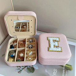 Letter E Letter Imitation Leather Jewelry Organizer Case with Mirror Inside, for Necklaces, Rings, Earrings and Pendants, Square, Pink, Letter E, 10x10x5.5cm