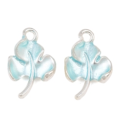 Sky Blue Alloy with Enamel Pendants, Leaf Charms, Long-Lasting Plated, Rack Plating, Silver, Sky Blue, 17.5x11.5x4.5mm, Hole: 1.8mm