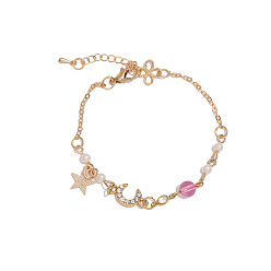 Pale Violet Red Moon & Star & Flower Alloy Charm Bracelet with Imitation Pearl Beaded, for Ramadan & Eid Mubarak, Pale Violet Red, 6-1/4 inch(16cm)