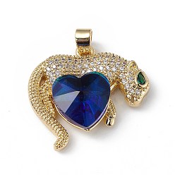 Dark Blue Real 18K Gold Plated Rack Plating Brass Micro Pave Clear Cubic Zirconia Pendants, with Glass, Long-Lasting Plated, Cadmium Free & Lead Free, Leopard with Heart Charm, Dark Blue, 24.5x25x8.2mm, Hole: 5x3.2mm