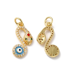 Deep Sky Blue Rack Plating Brass Micro Pave Cubic Zirconia Pendants, with Jump Ring and Enamel, Lead Free & Cadmium Free, Snake with Evil Eye Charm, Real 18K Gold Plated, Deep Sky Blue, 19x13x2.5mm, Hole: 3.5mm