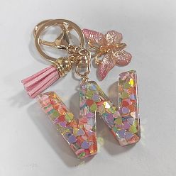 Letter W Acrylic and Resin Keychain, with Tassel, Alloy Rings, Butterfly, 10.3cm, Pendant: 23~43mm