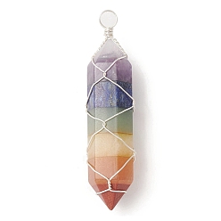Silver 7 Chakra Gemstone Double Terminal Pointed Pendants, Copper Wire Wrapped Gems Faceted Bullet Charms, Silver, 49x12x13mm, Hole: 3.7mm