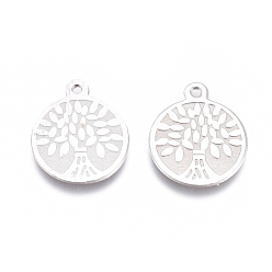 Stainless Steel Color 304 Stainless Steel Charms, Laser Cut, Flat Round with Tree, Stainless Steel Color, 13.3x11x0.6mm, Hole: 1mm