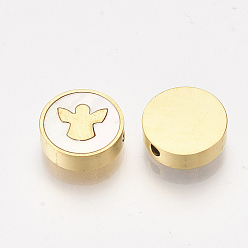 Golden 304 Stainless Steel Beads, with Shell, Flat Round with Angel, Golden, 9.5~10x3mm, Hole: 1.5mm