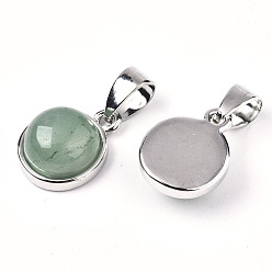 Green Aventurine Natural Green Aventurine Pendants, with Platinum Tone Brass Settings and Platinum Tone Iron Snap on Bails, Half Round/Dome, 15.5x12x6mm, Hole: 5x7mm