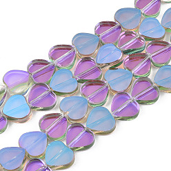 Medium Orchid Transparent Electroplate Glass Beads Strands, Half Plated, Heart, Medium Orchid, 9.5x10.5x3mm, Hole: 0.8mm, about 60pcs/strand, 21.65 inch(55cm)
