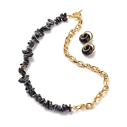 Snowflake Obsidian Natural Snowflake Obsidian Chip Beads Jewelry Set, Gemstone Beaded Necklace and Drop Huggie Hoop Earrings for Women, Light Gold, 16.73 inch(42.5cm), 20mm, Pin: 1mm