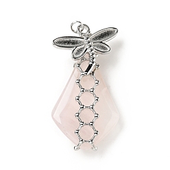 Rose Quartz Natural Rose Quartz Pendants,  Teardrop Charm, with Stainless Steel Color Plated 304 Stainless Steel Dragonfly Findings and Jump Ring, 35~40x18~20x7~9mm, Jump Ring: 4x0.6mm, Inner diameter: 2.8mm
