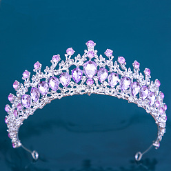Thick Silver Purple Diamond Amethyst Style European Bridal Crown, Crystal Alloy Hair Accessories for Wedding, Birthday, Party.