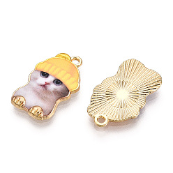 Gold Printed Light Gold Tone Alloy Pendants,Carton Cat with Cap Charms, Gold, 22.5x14x2.5mm, Hole: 1.6mm