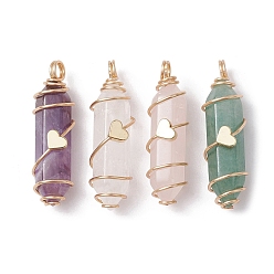 Mixed Stone Natural Mixed Gemstone Copper Wire Wrapped Double Terminal Pointed Pendants, Faceted Bullet Charms, Golden, 35~37x12x10mm, Hole: 3~3.5mm