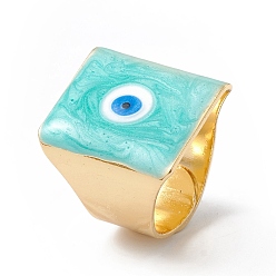 Turquoise Square Enamel with Evil Eye Wide Band Finger Rings, Real 18K Gold Plated Brass Adjustable Rings for Women Men, Turquoise, 18.5mm, Inner Diameter: 17mm