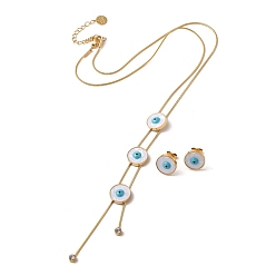 Golden Evil Eye 304 Stainless Steel Jewelry Set, Natural Shell with Enamel Stud Earrings and Lariat Necklace, Golden, Necklaces: 390mm;
earring: 12mm