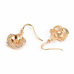 Real 18K Gold Plated Brass Micro Pave Clear Cubic Zirconia Earring Hooks, Ear Wire, for Half Drilled Bead, Nickel Free, Flower, Real 18K Gold Plated, 27x16mm, 21 Gauge, Pin: 0.7mm, 21 Gauge, Pin: 0.7mm(for half drilled bead)