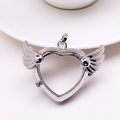 Platinum Brass Bead Cage Pendants, for Chime Ball Pendant Necklaces Making, Hollow, Heart with Wing Charm, Platinum, No Size