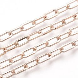 Rose Gold Unwelded Iron Paperclip Chains, Flat Oval, Drawn Elongated Cable Chains, with Spool, Rose Gold, 10x5x1mm, about 82.02 Feet(25m)/roll