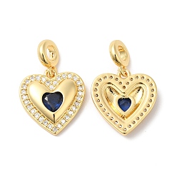 Dark Blue Heart Brass Micro Pave Cubic Zirconia European Dangle Charms, Real 16K Gold Plated, Large Hole Charms, Dark Blue, 23mm, Hole: 4mm, Heart: 16x15.5x3mm