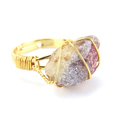 Tourmaline Natural Tourmaline Nugget Adjustable Rings, Golden Copper Wire Wrap Ring, Inner Diameter: 19mm