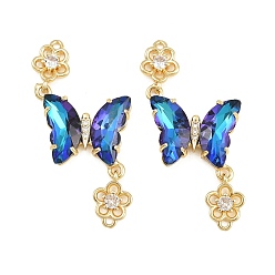 Dark Blue Brass Micro Pave Cubic Zirconia Connector Charms, Butterfly with Flower Links, with Glass, Lead Free & Cadmium Free, Long-Lasting Plated, Rack Plating, Real 18K Gold Plated, Dark Blue, 46x21x4mm, Hole: 1.4mm
