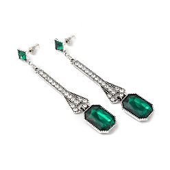 Emerald Rhinestone Rectangle Dangle Stud Earrings, Antique Silver Alloy Long Drop Earrings for Women, Emerald, 80mm, Pin: 0.8mm