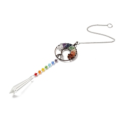 Colorful Chakra Theme Gemstone Pendant Decoration, Hanging Suncatcher, with Brass Rings, Flat Round Alloy Frame and Iron Findings, Bullet, Colorful, 435x2mm, Hole: 10mm