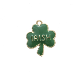 Clover Saint Patrick's Day Alloy Enamel Pendants, Word Irish, Golden, Clover, 23x23mm, 10pcs/bag