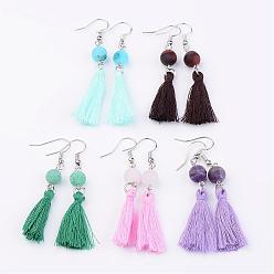 Mixed Color Natural Gemstone Dangle Earrings, with Cotton Thread Tassels and Metal Findings, Platinum, Mixed Color, 65mm, Pin: 0.7mm