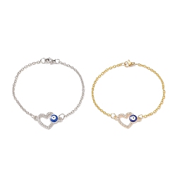 Platinum & Golden 2Pcs 2 Color Crystal Rhinestone Heart with Evil Eye Link Bracelets Set, Alloy Jewelry for Women, Platinum & Golden, 7-5/8 inch(19.4cm), 1Pc/color