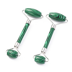 Malachite Synthetic Malachite Brass Face Massager, Facial Rollers, Platinum, 142~150x54~58x19~22mm