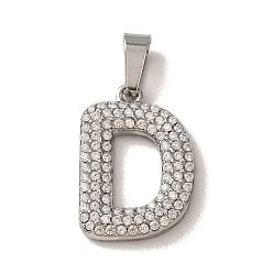 Letter D 304 Stainless Steel Micro Pave Clear Cubic Zirconia Pendants, Letter Charms, Stainless Steel Color, Letter D, 18x12.5x2.5mm, Hole: 6x2.5mm