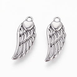 Antique Silver 316 Surgical Stainless Steel Pendants, Wings with Heart, Antique Silver, 20x8x2.5mm, Hole: 1.6mm