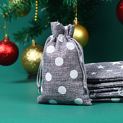 Dark Gray Christmas Theme Linenette Drawstring Bags, Rectangle with Polka Dot Pattern, Dark Gray, 18x13cm