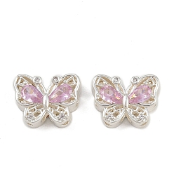 Pink Многожильные звенья из латуни с паве из кубического циркония, долговечный, бабочка, серебряный цвет гальваническим, розовые, 10x13x6 мм, отверстие : 2 мм