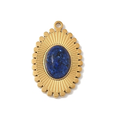 Ляпис-Лазурь Крашеные природные лазурит подвески, 304 из нержавеющей стали овальные амулеты, реальный 18 k позолоченный, ионное покрытие (ip), 19x12x4.5 мм, отверстие : 1 мм