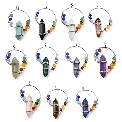 Mixed Stone Natural & Synthetic Mixed Gemstone Double Terminal Pointed Big Pendants, Chakra Faceted Bullet Charms with Rack Plating Platinum Tone Brass Findings, 49~53x30~34x11mm, Hole: 4mm