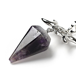 Amethyst Gemstone Hexagonal Pointed Dowsing Pendulums, with Platinum Tone Brass Findings and Chains, Cadmium Free & Lead Free, Cone with Triple Moon, 230~250mm, pendant: 50~54x26x15~16.5mm, Hole: 1.8x2.2mm