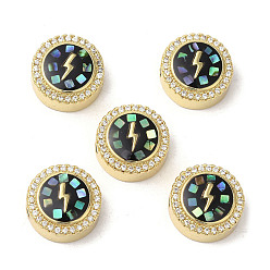 Черный Латунные микро проложить кубического циркония бусы, с эмалью и ракушкой, долговечный, без свинца и без кадмия, реальный 18 k позолоченный, плоские круглые с молнией, чёрные, 12x5.5 мм, отверстие : 2 мм