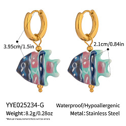 Зеленый Серьги-кольца из нержавеющей стали и керамики, реальный 18 k позолоченный, зелёные, 39.5x21 мм