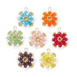 (52) Непрозрачная лаванда 7 шт 7 цвета стеклянные подвески, цветочный шарм, с 304 открытыми соединительными кольцами из нержавеющей стали и бусинами, граненые, разноцветные, 25~25.5x25~25.5x8 мм, отверстие : 2.7 мм, 1 шт / цвет