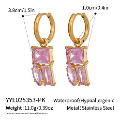 Pink 304 прямоугольные серьги-кольца из нержавеющей стали, с кубического циркония, реальный 18 k позолоченный, розовые, 38x10 мм