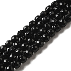 Black Gemstone Beads Strands, Black Onyx, Natural Faceted(128 Facets) Round, Dyed & Heated, 14mm, hole: 1mm, 15 inch