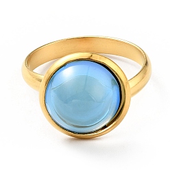Светло-Голубой K9 стеклянное плоское круглое кольцо на палец, ионное покрытие (ip) 304 ювелирные изделия из нержавеющей стали для женщин, золотые, Небесно-голубой, размер США 7 3/4 (17.9 мм), кольцо поверхность: 14x7mm