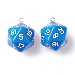 Dodger Blue Opaque Acrylic Pendants, with Platinum Plated Iron Findings, Faceted, Polyhedral Dice, D20, Dodger Blue, 27.5x20x20mm, Hole: 2mm