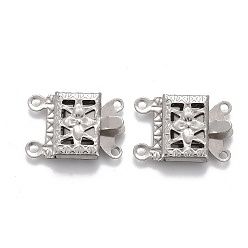 Stainless Steel Color 304 Stainless Steel Box Clasps, Multi-Strand Clasps, 2-Strands, 4-Holes, Rectangle with Flower, Stainless Steel Color, 15x10x3mm, Hole: 1mm