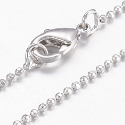 Real Platinum Plated Brass Ball Chain Necklaces, with Lobster Claw Clasps, Real Platinum Plated, 17.5 inch(44.5cm), 1.2mm