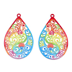 Colorful Spray Painted 430 Stainless Steel Filigree Pendants, Teardrop, Colorful, 45x28.5x0.5mm, Hole: 2mm