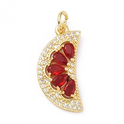 Red Rack Plating Brass Micro Pave Cubic Zirconia Pendants, with Jump Ring, Cadmium Free & Lead Free, Long-Lasting Plated, Golden, Moon, Red, 25x12x3.5mm, Hole: 3.5mm, Jump Ring: 6x1mm, 3.5mm Inner Diameter