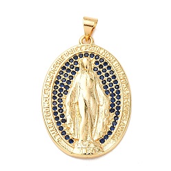 Синий Латунные микро проложить кубического циркония подвески, стойки покрытие, долговечный, без свинца и без кадмия, овальные с рисунками " virgin mary", реальный 18 k позолоченный, синие, 32.5x22x3 мм, отверстие : 5x4 мм